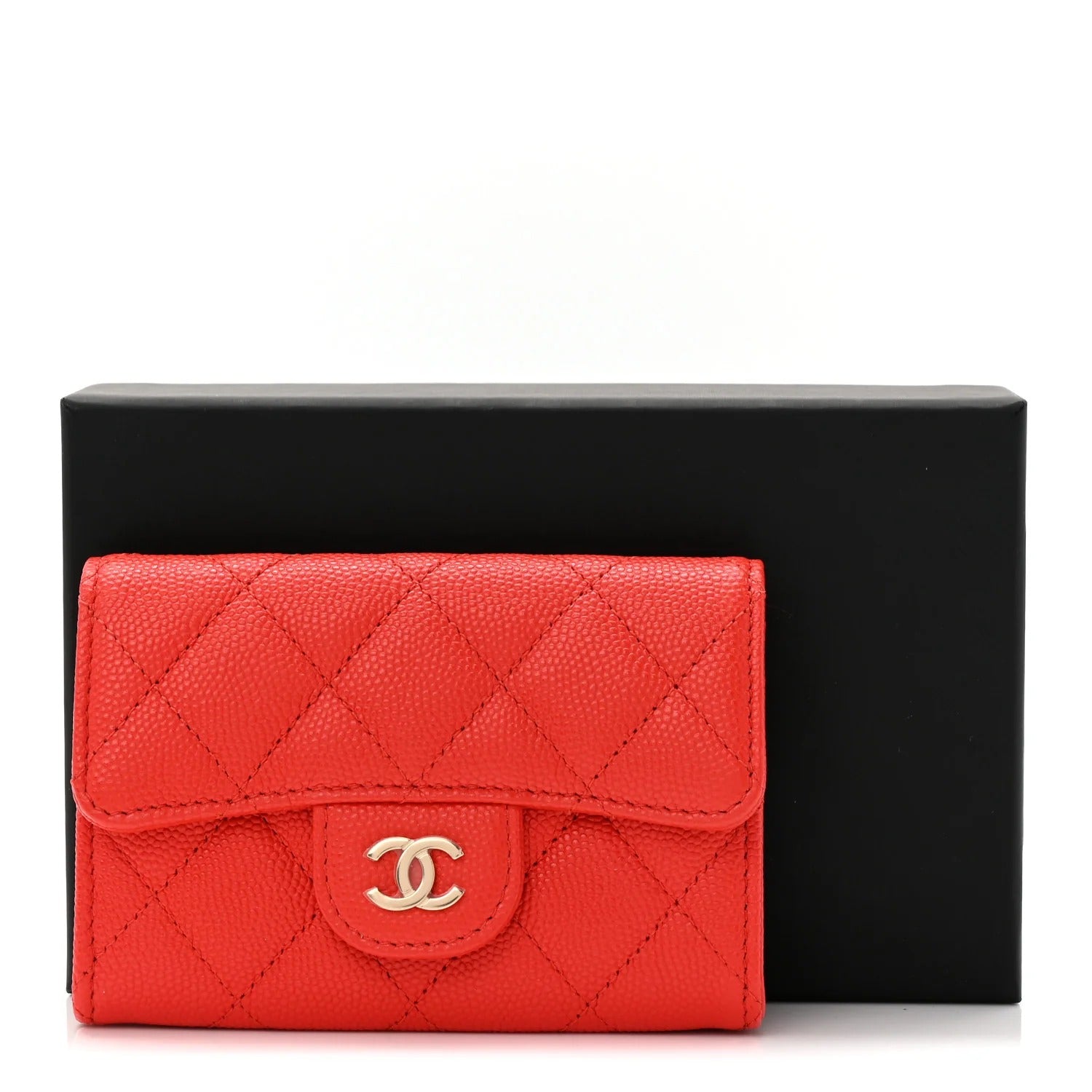 Caviar Quilted Flap Card Holder Wallet Red
