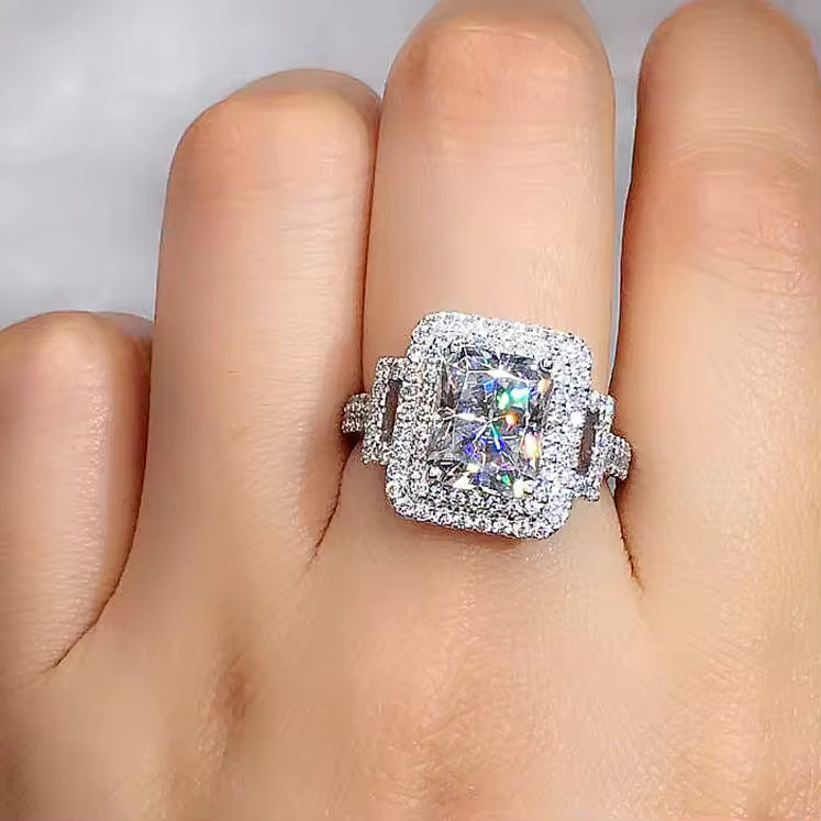 Luxury Iced Rectangle Diamond Ring – Silver Finish