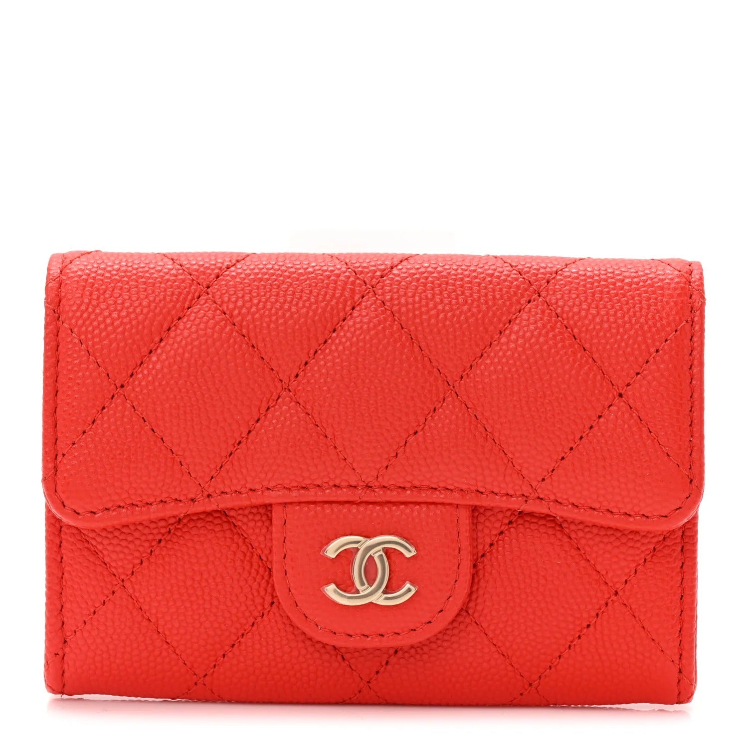 Caviar Quilted Flap Card Holder Wallet Red